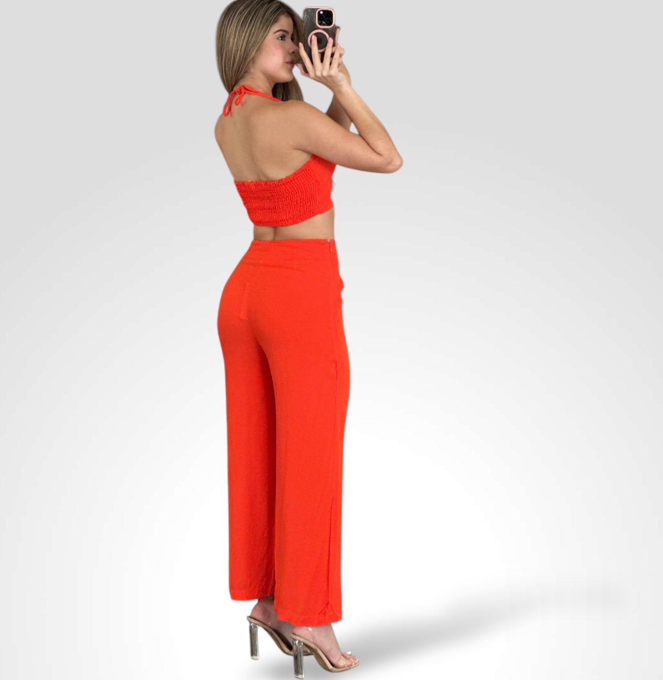 ORANGE SPAGHETTI STRAP SOLID CROP TOP & PANTS SET