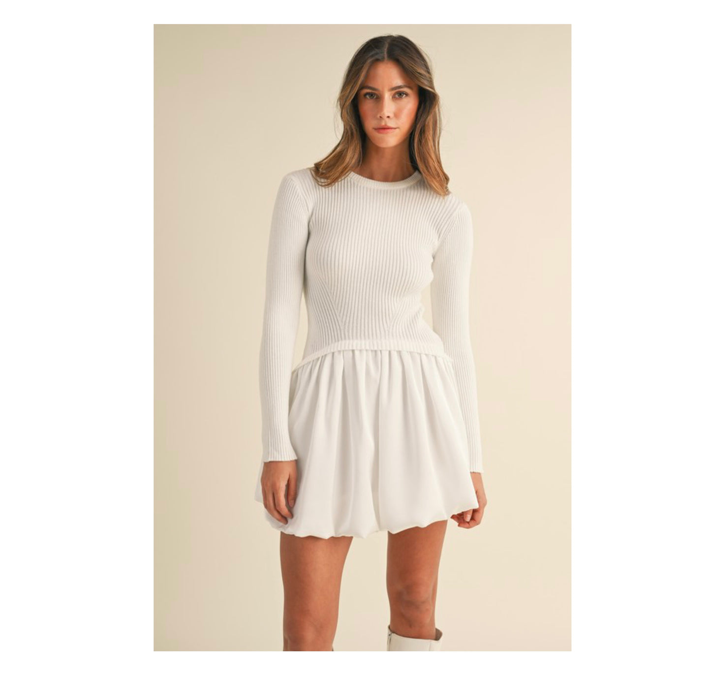 RIBBED SWEATER COMBINATION BUBBLE SKIRT MINI DRESS