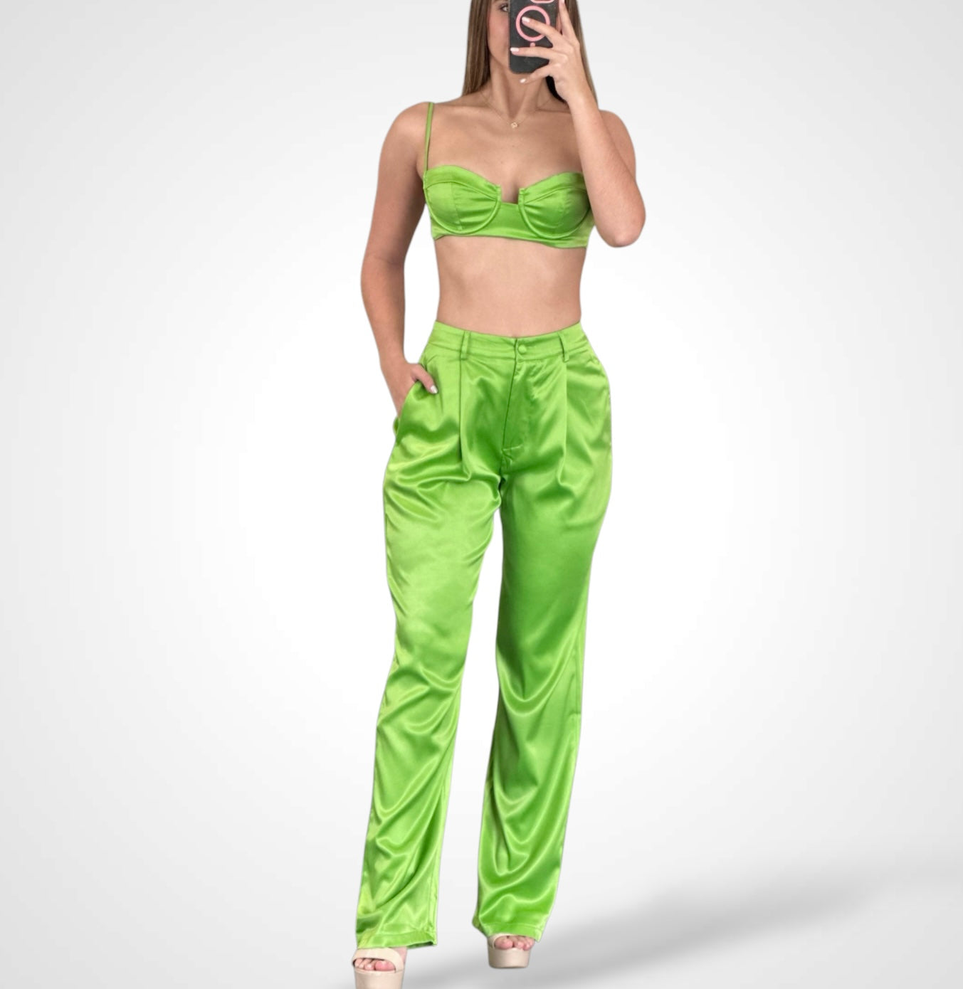 GREEN BOSSY SATIN TWO PIECE CROP TOP FLARE PANT SET