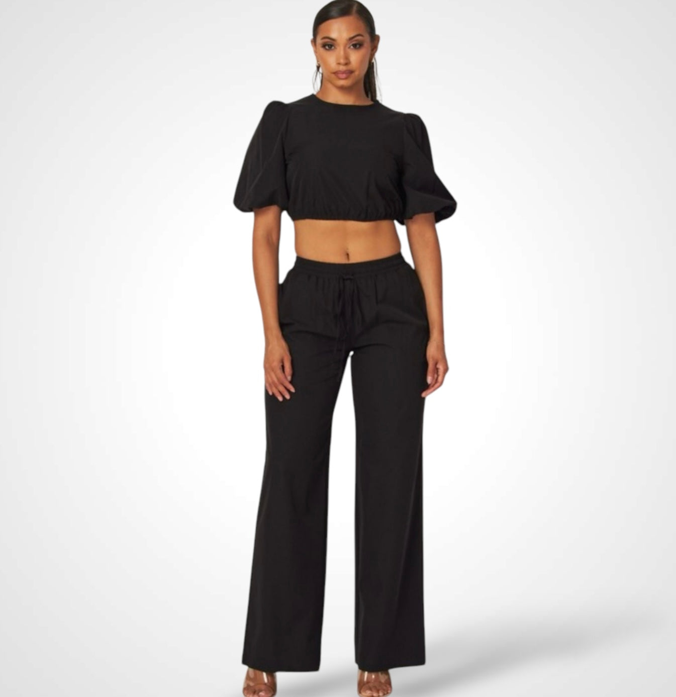 TORI BUBBLE SLEEVE CROP TOP & PANTS SET