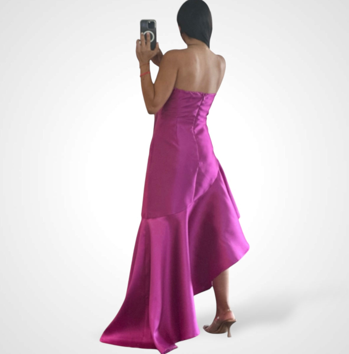 MAGENTA STRAPLESS ASYMMETRICAL TAFETTA DRESS