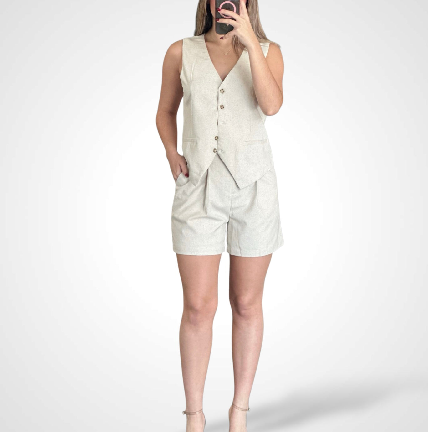 Linen V- neck vest and shorts Sets