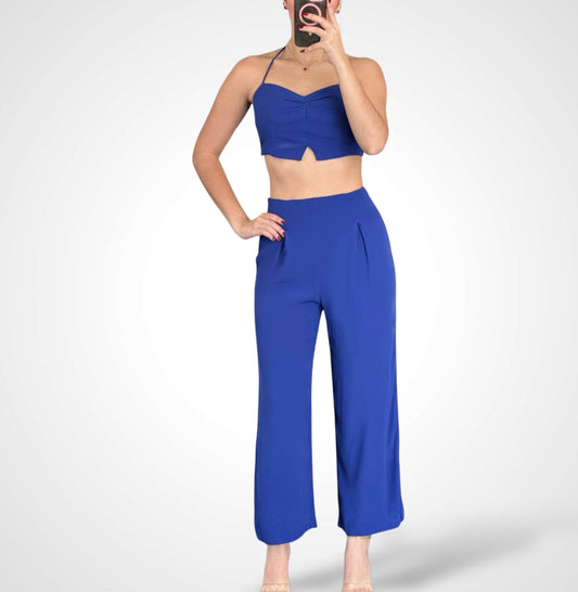 ROYAL SPAGHETTI STRAP SOLID CROP TOP & PANTS SET