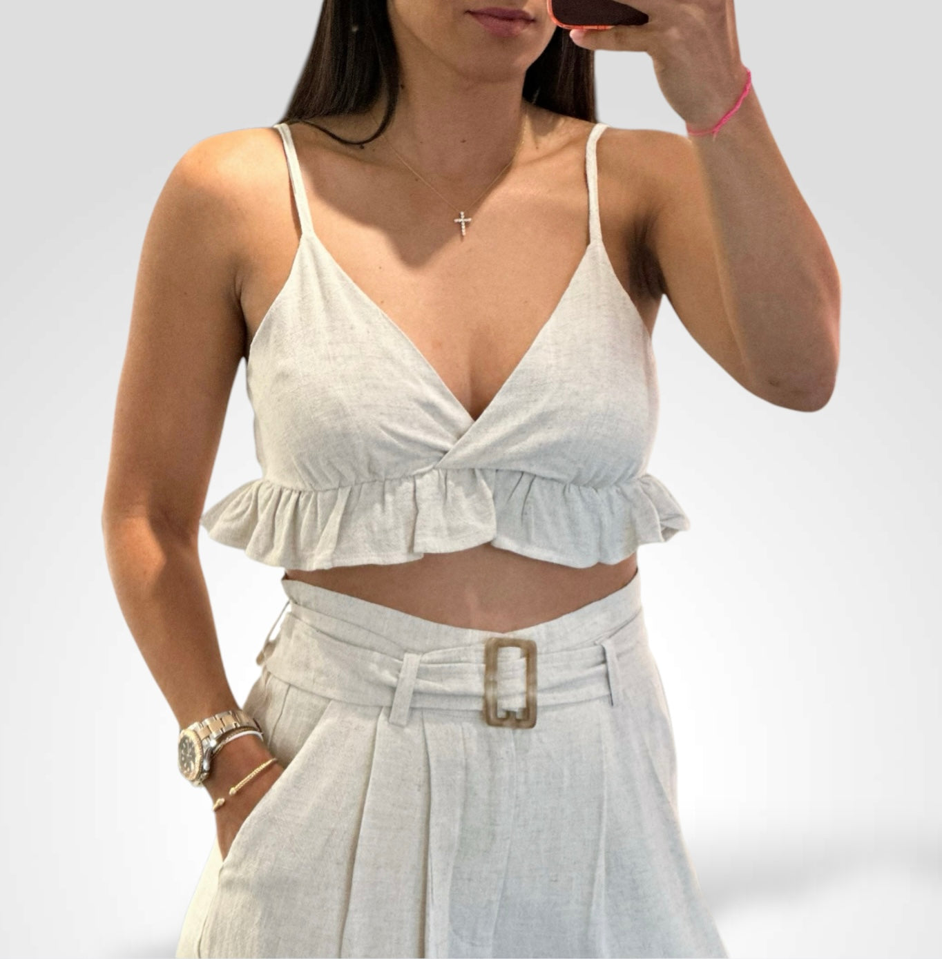 RUFFLE HEM CAMI TOP AND BELTED PAPER BAG PANTS SET