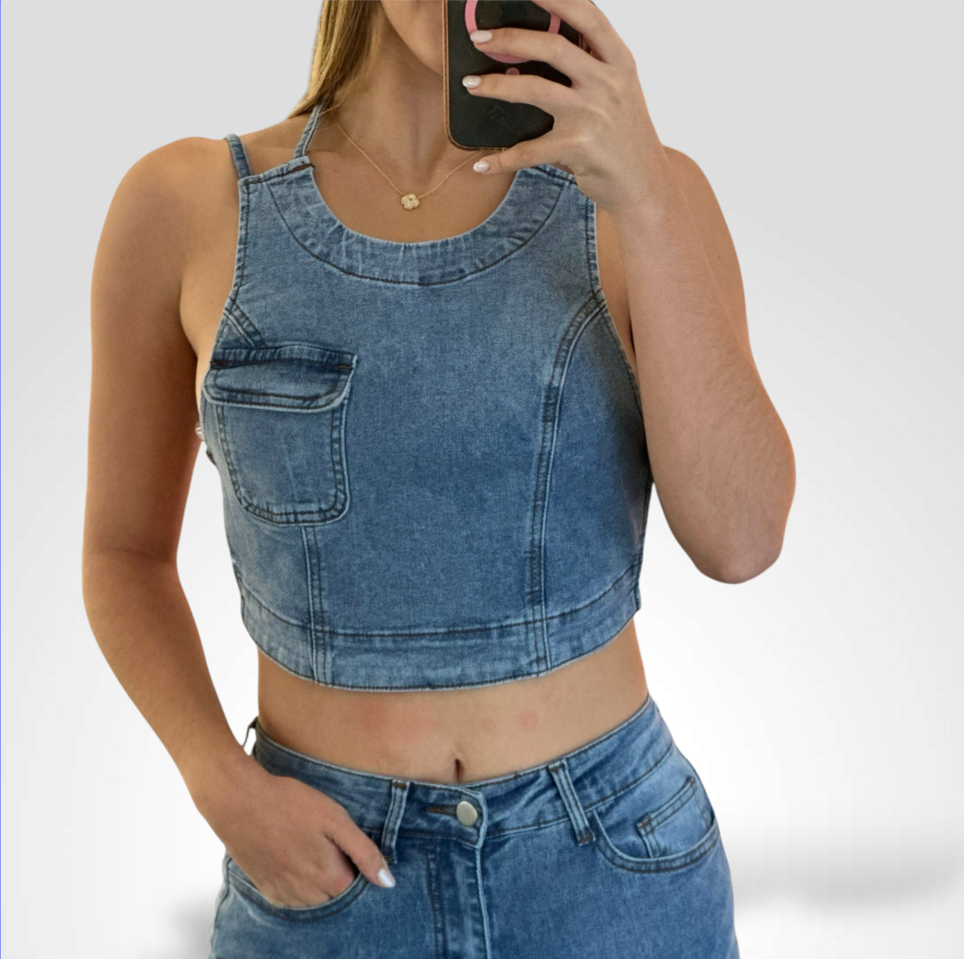 JOLIE BACKLESS CROP TOP & JEANS DENIM PANTS SET