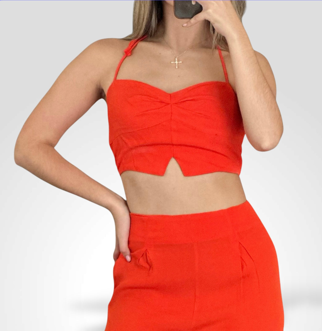 ORANGE SPAGHETTI STRAP SOLID CROP TOP & PANTS SET