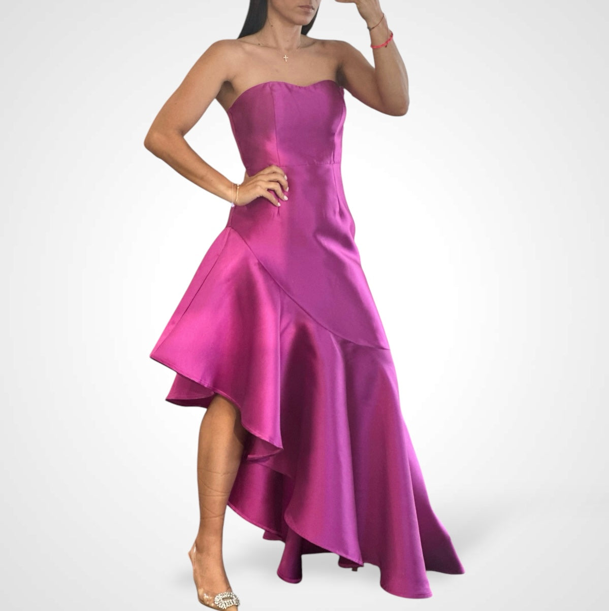 MAGENTA STRAPLESS ASYMMETRICAL TAFETTA DRESS