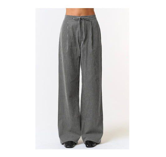 BLACK STRIPE DRAWSTRING WIDE LEG PANTS