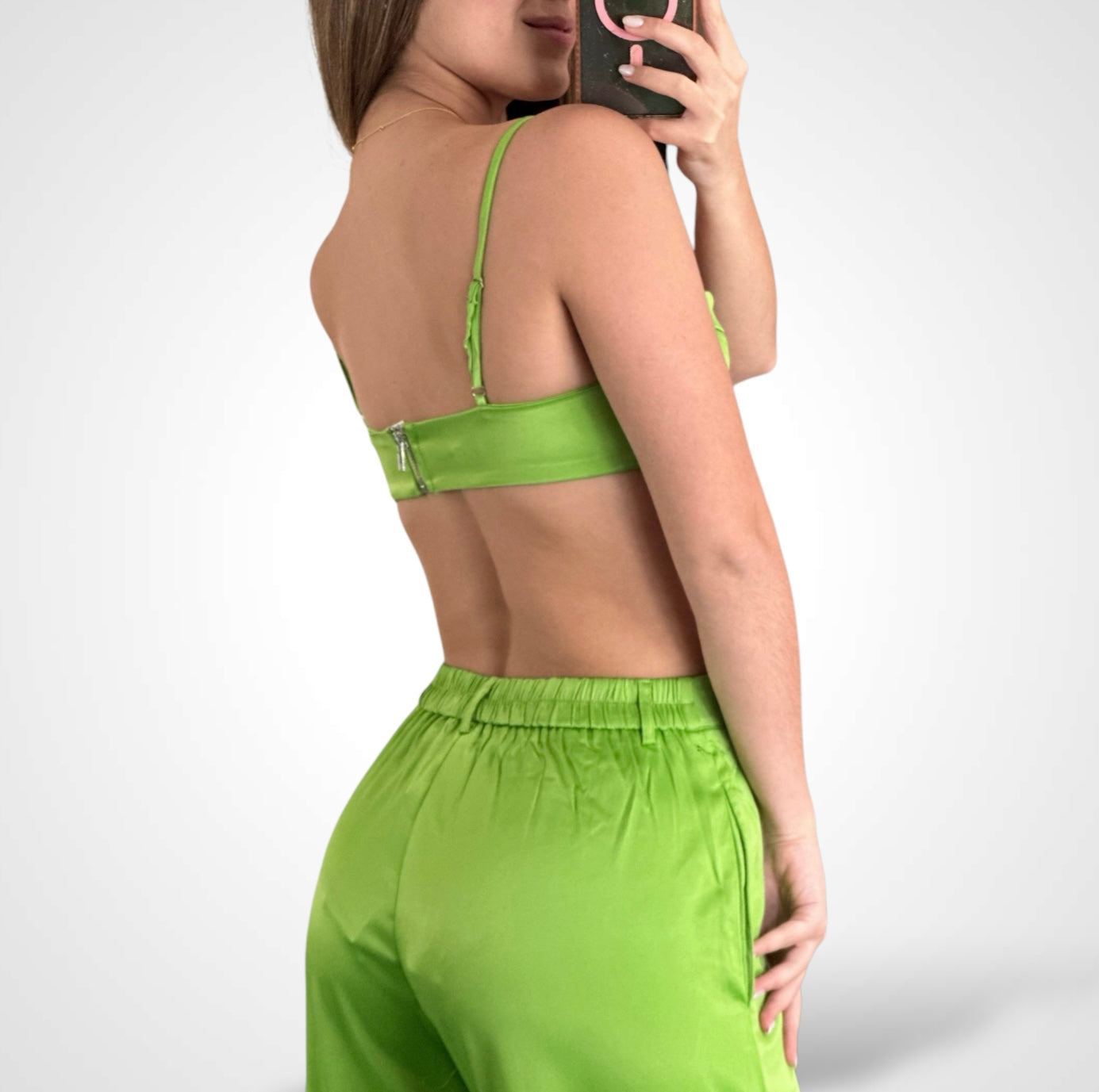 GREEN BOSSY SATIN TWO PIECE CROP TOP FLARE PANT SET