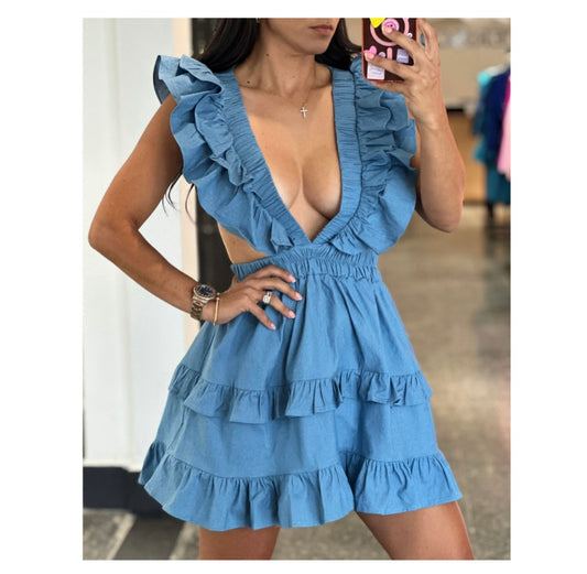 RUFFLE CAP SLEEVE OPEN BACK MINI DRESS