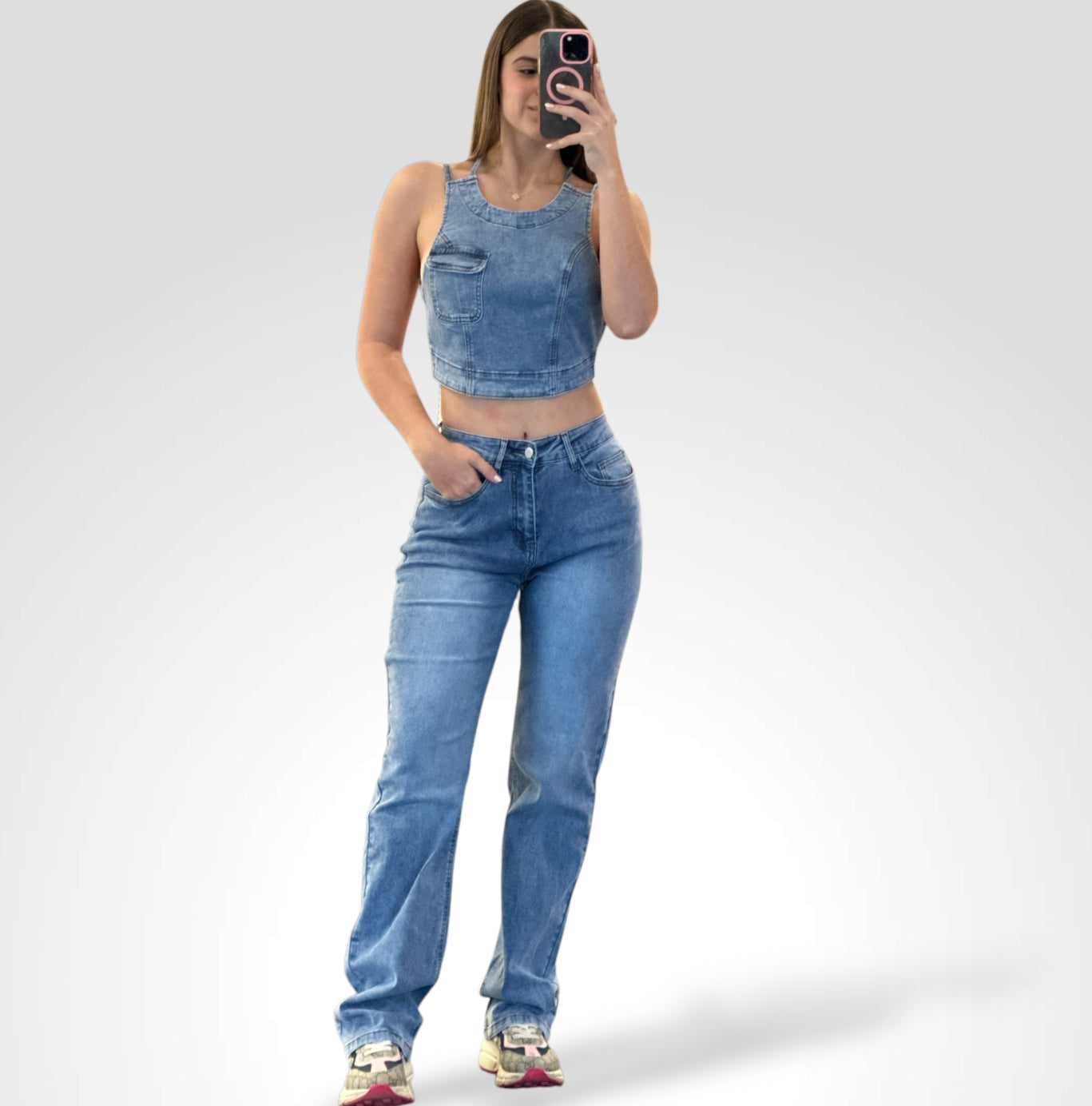 JOLIE BACKLESS CROP TOP & JEANS DENIM PANTS SET