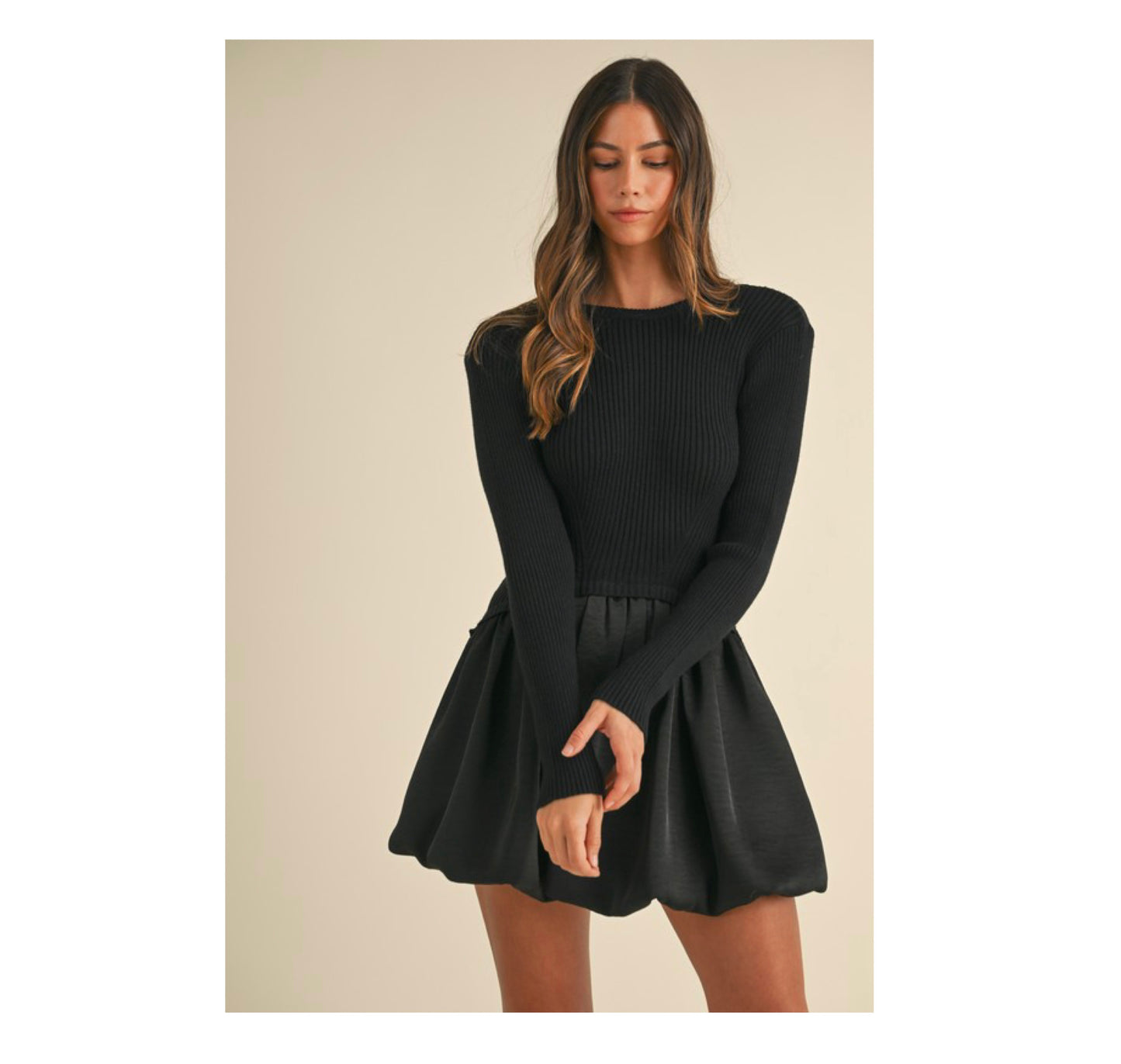 SJQ- RIBBED SWEATER COMBINATION BUBBLE SKIRT MINI DRESS