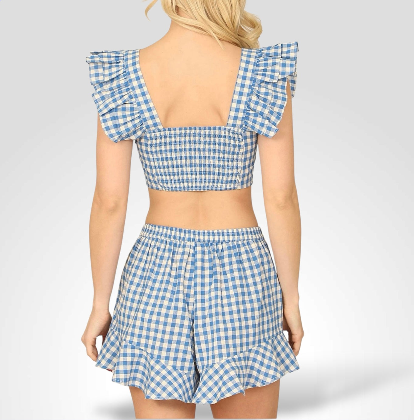 PLAID RUFFLE CROP TOP WAIST TIE SHORT SET