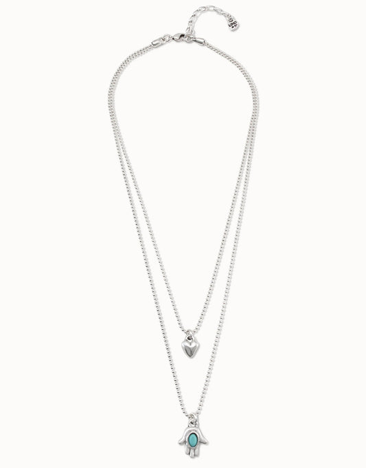 Uno de 50 Sterling silver-plated necklace with two chains of different length with heart and hand charms with murano glass