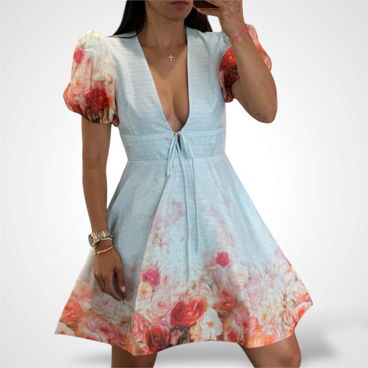 FLORAL PRINT PLUNGE NECK BABYDOLL DRESS WITH PUFF SLEEVES (BLUE)