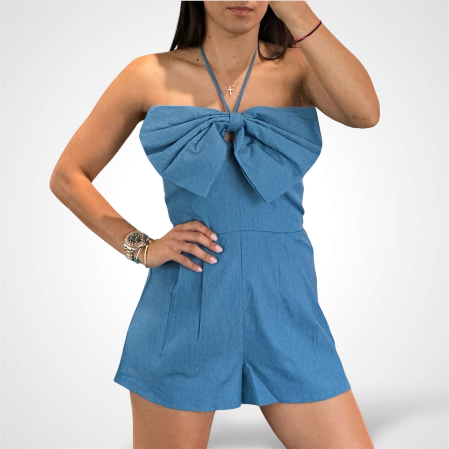 DENIM SLEEVELESS ROMPER WITH FRONT BOW