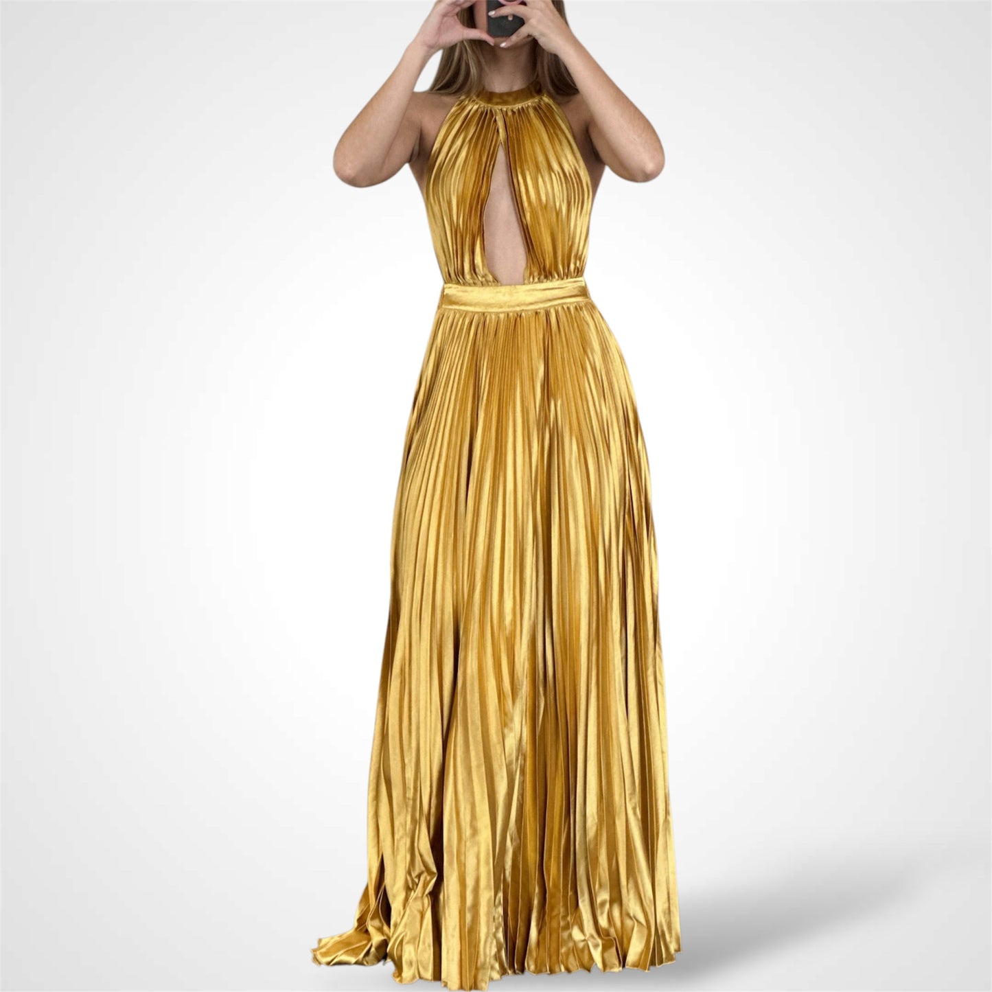 GOLD SATIN PLEATED HALTER DRESS