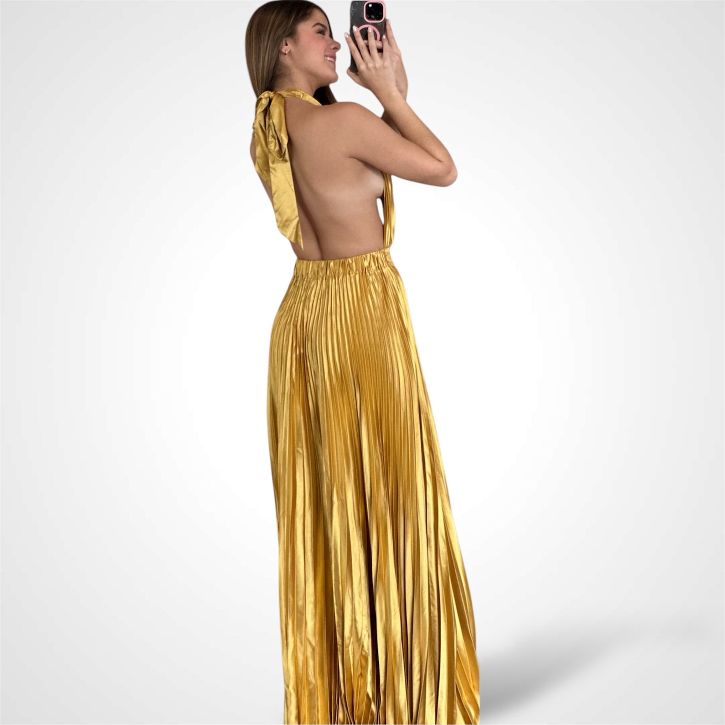 GOLD SATIN PLEATED HALTER DRESS