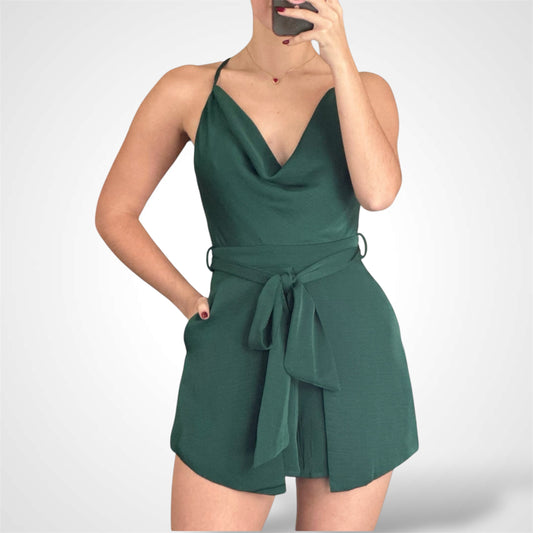 Cross Back Satin Romper (Green)