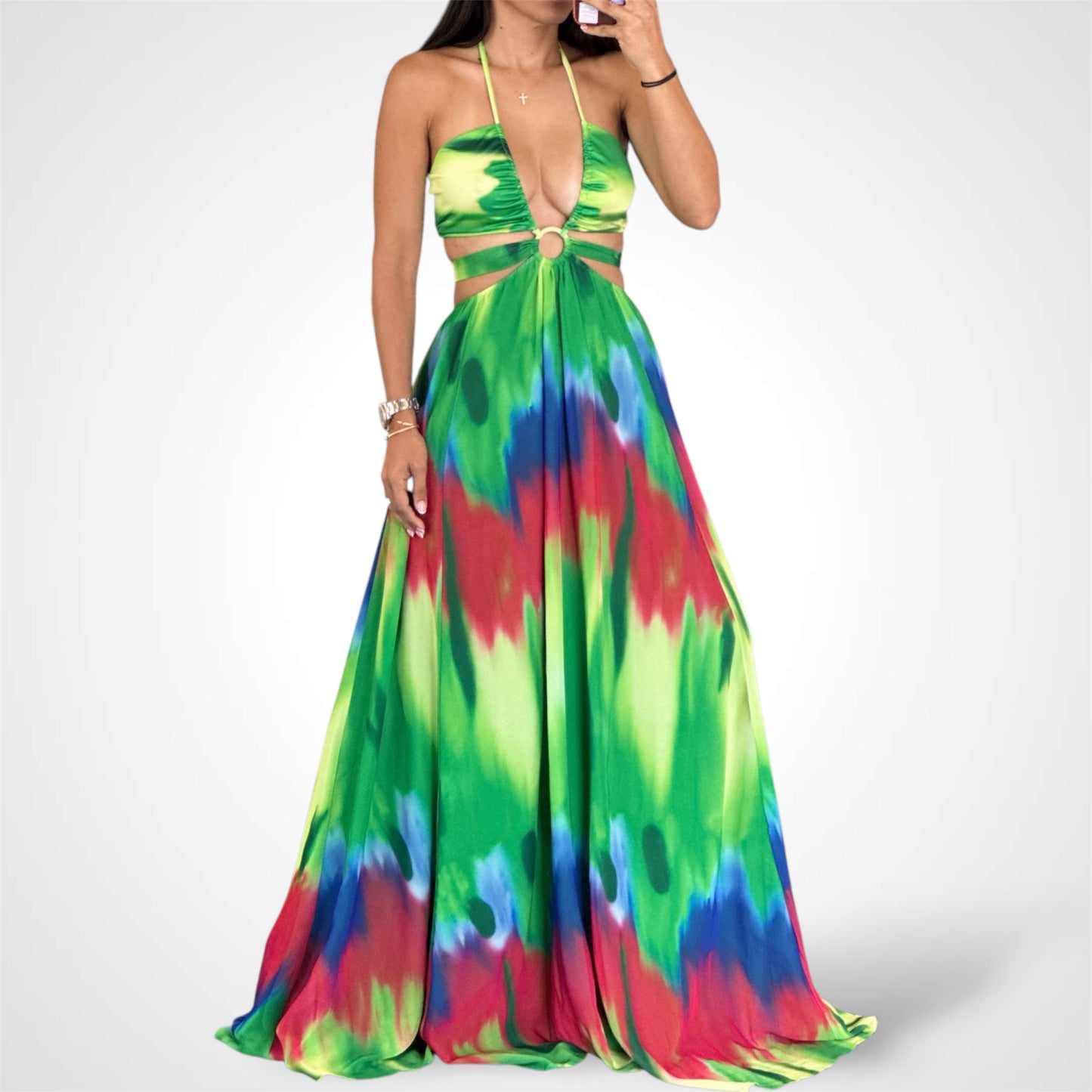 CHIFFON GREEN MULTI TIE DYE MAXI DRESS