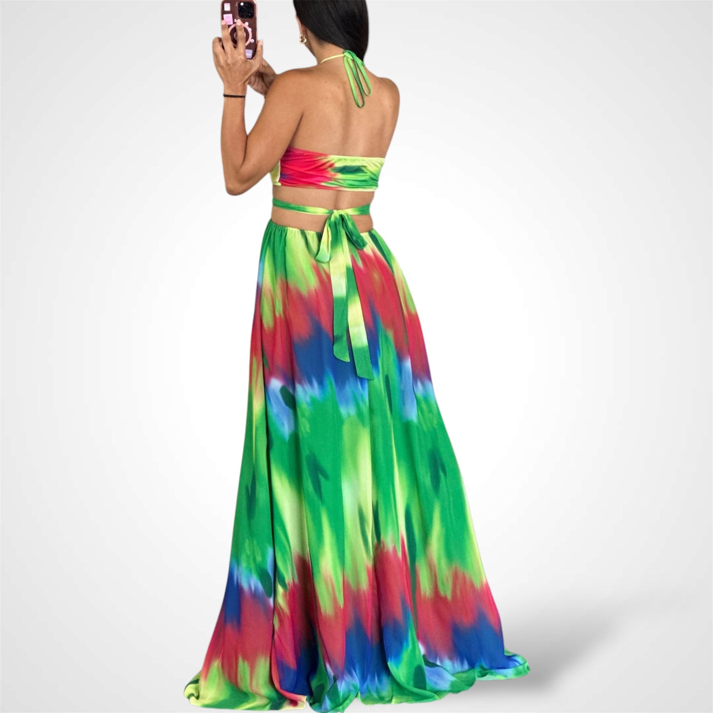 CHIFFON GREEN MULTI TIE DYE MAXI DRESS