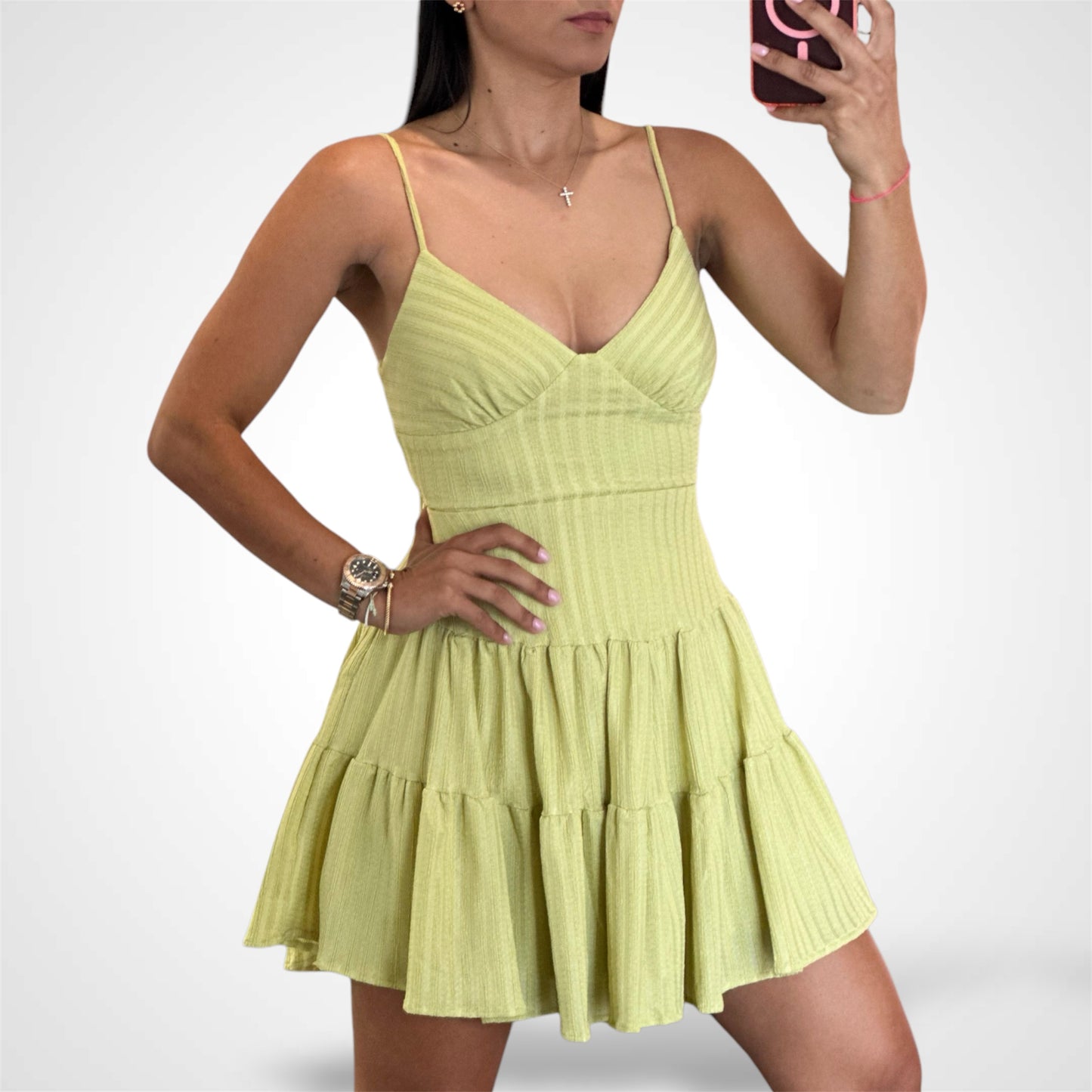 NON STRETCH LINED FLOWY SKIRT DRESS (LIME)