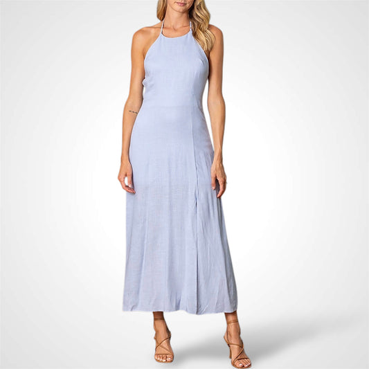 HALTER NECK OPEN BACK LINEN MAXI DRESS