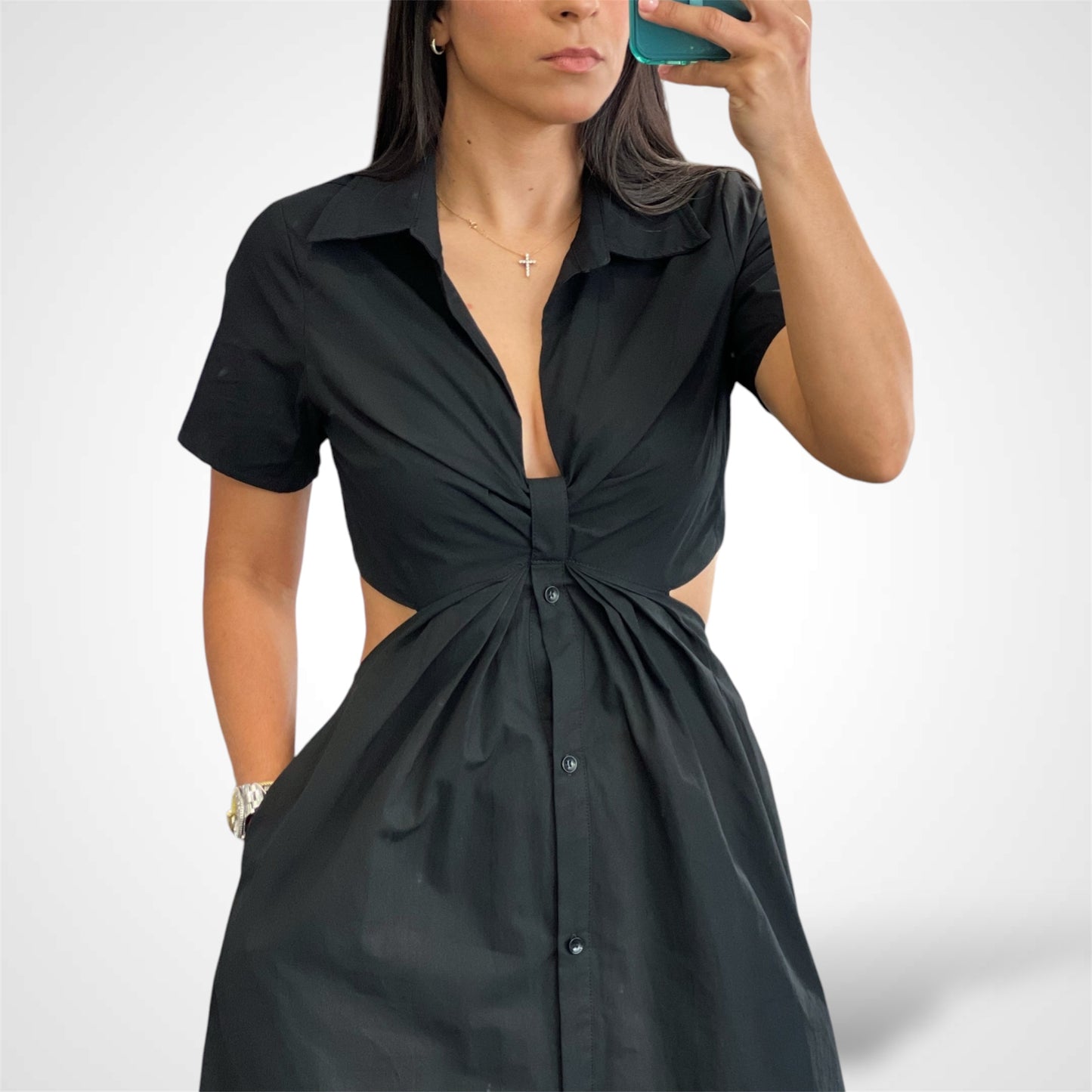 COLLARED SHORT SLEEVE CUT OUT SHIRT DRESS