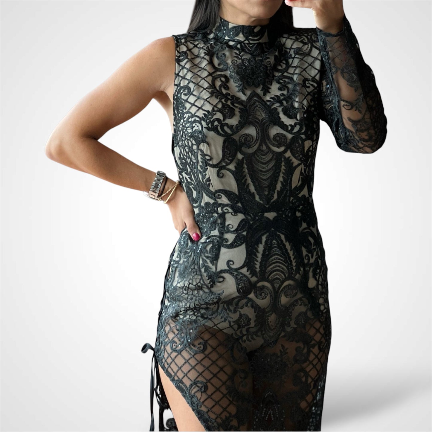 Laceup Embroidered Lace Dress