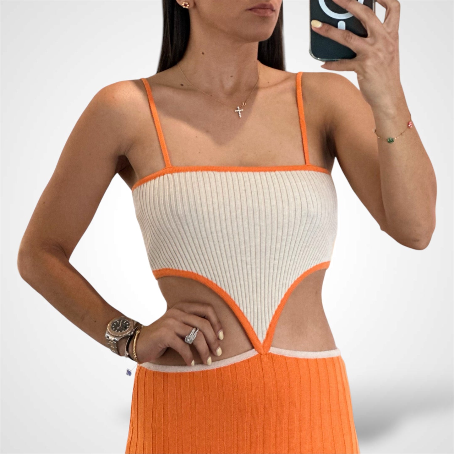 COLOR BLOCK CUTOUT MIDI DRESS