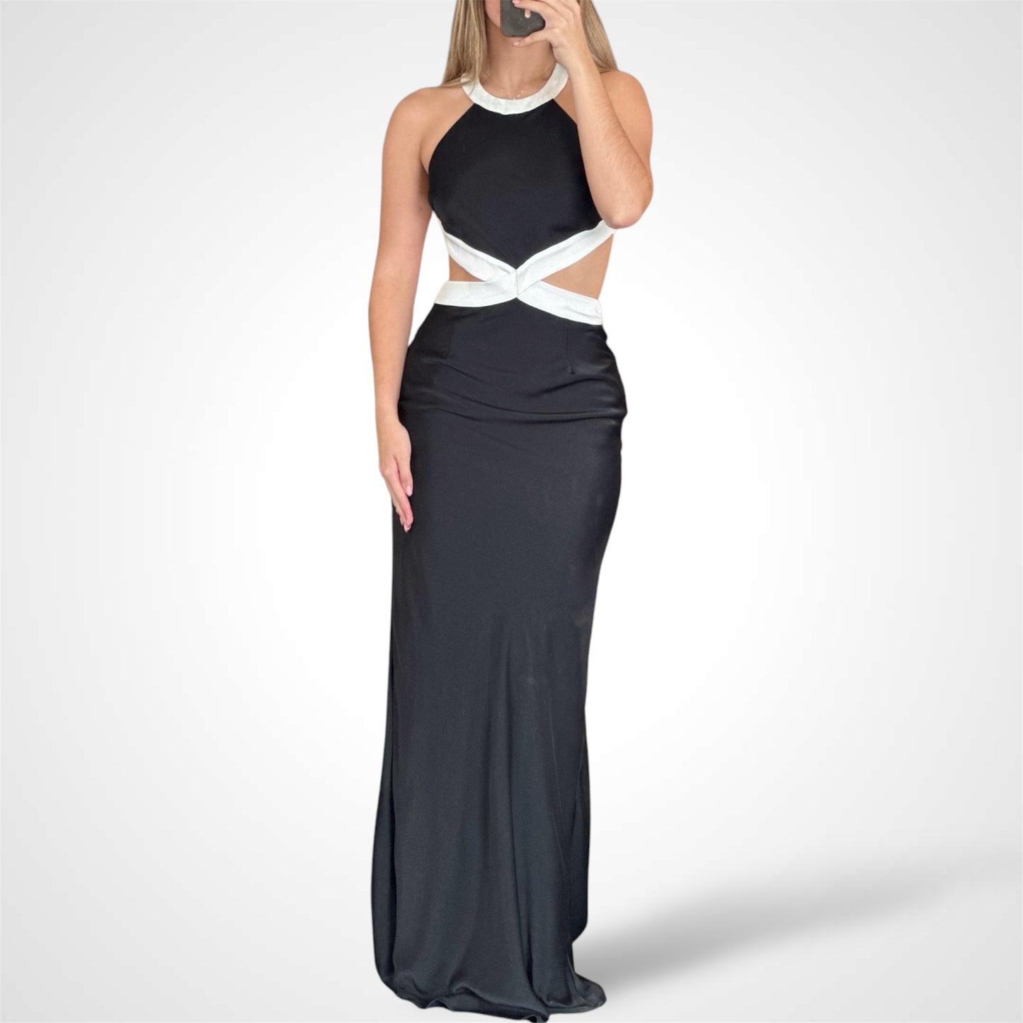 COLORBLOCK TWIST BACK HALTER MAXI GOWN