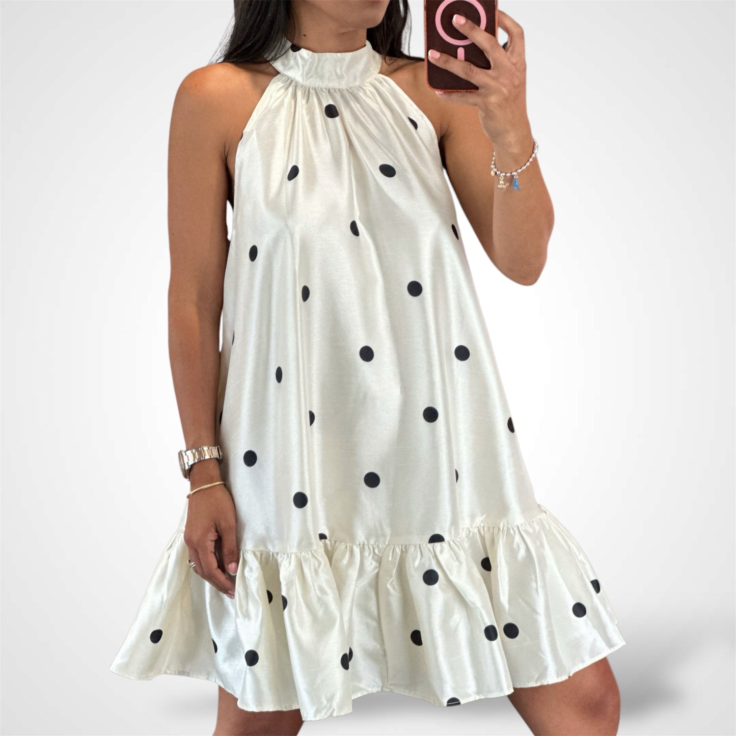 CREAM POLKA DOT HALTER NECK TIERED RUFFLE HEM MINI DRESS