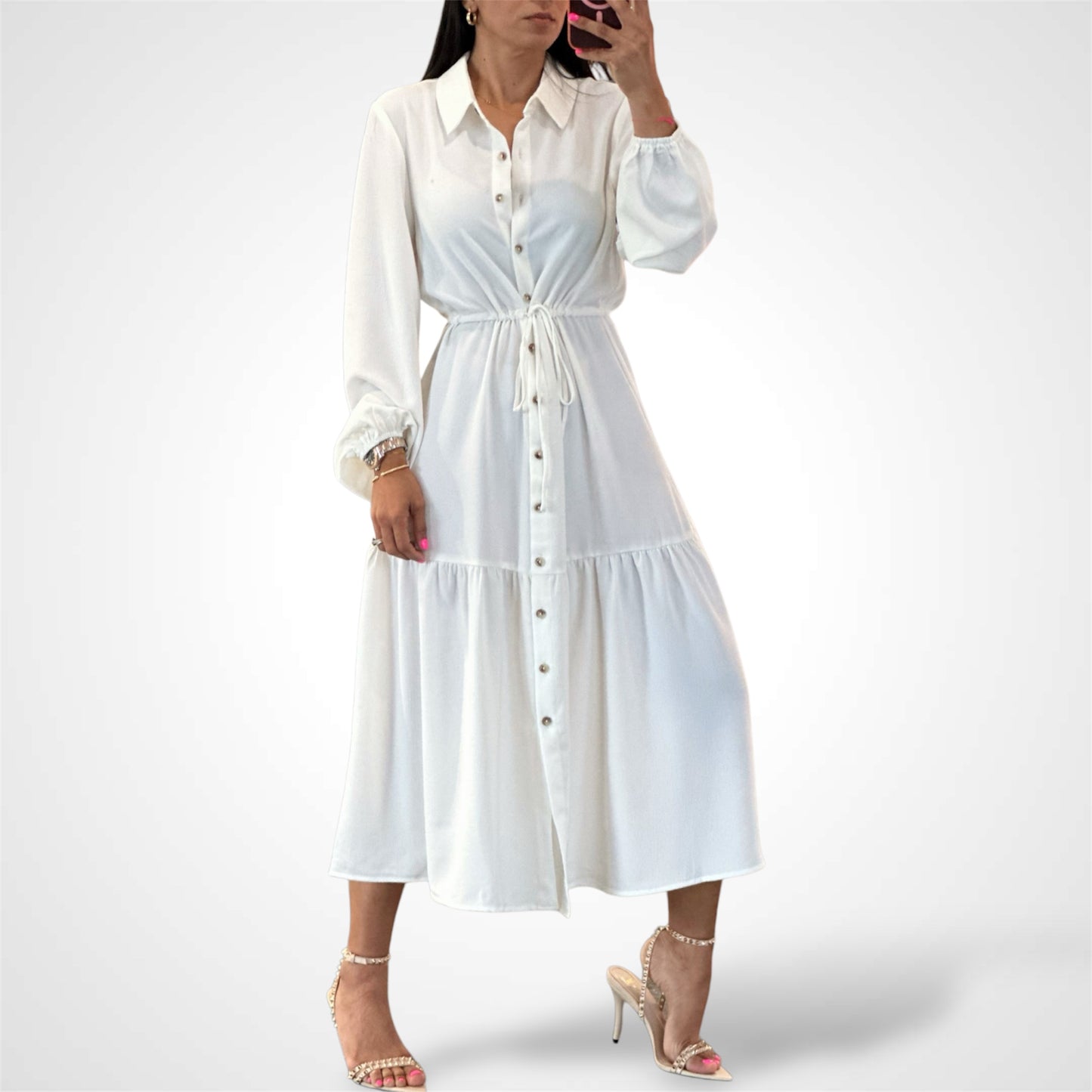 LONG PUFF SLEEVE BUTTON UP MAXI DRESS