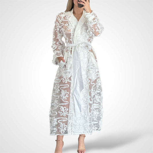 LONG SLEEVE BUTTON UP SELF TIE DETAILED MAXI DRESS