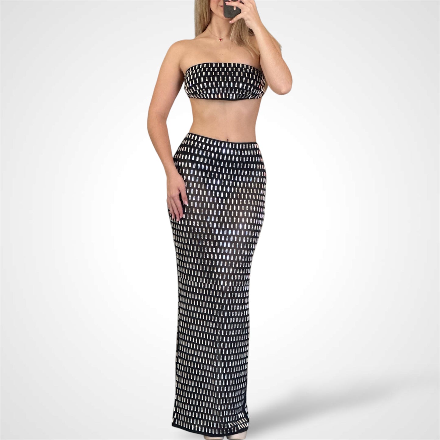 MIRROR TILED MESH BANDEAU SKIRT SET