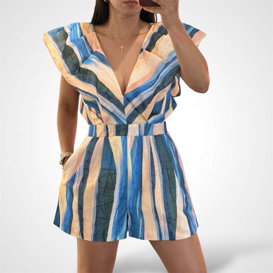 BLUE TEXTURE STRIPE ROMPER