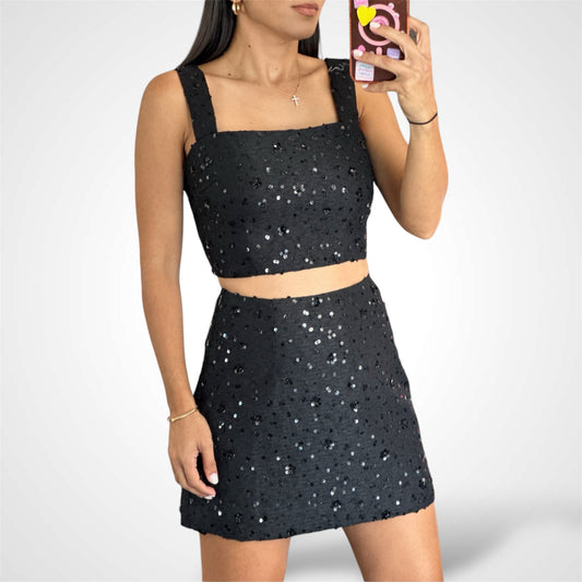 SEQUIN APPLIQUE CROP TOP AND MINI SKIRT