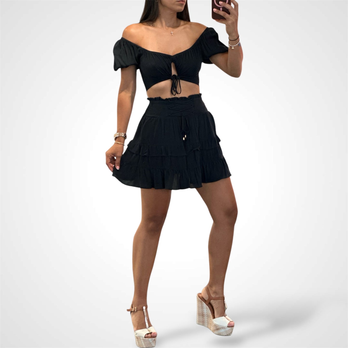 PUFF SLEEVE FRONT CUT-OUT CROP TOP RUFFLE SKIRT