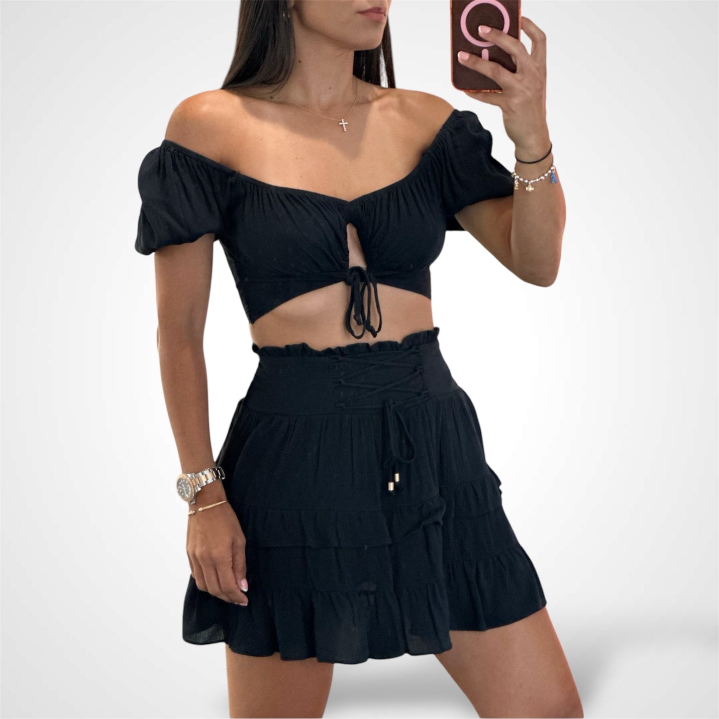 PUFF SLEEVE FRONT CUT-OUT CROP TOP RUFFLE SKIRT