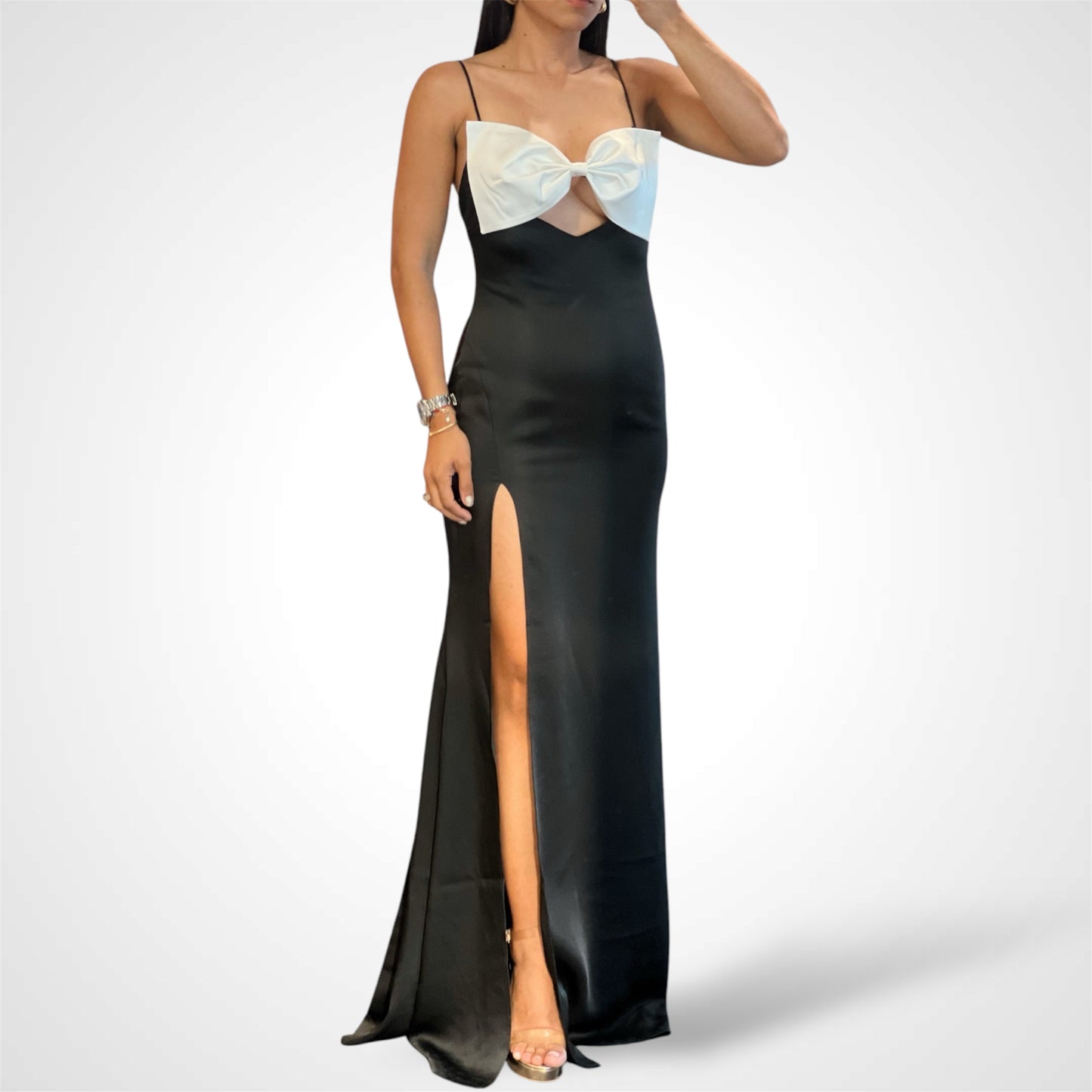 Eleanor Black and White Bow Satin Gown