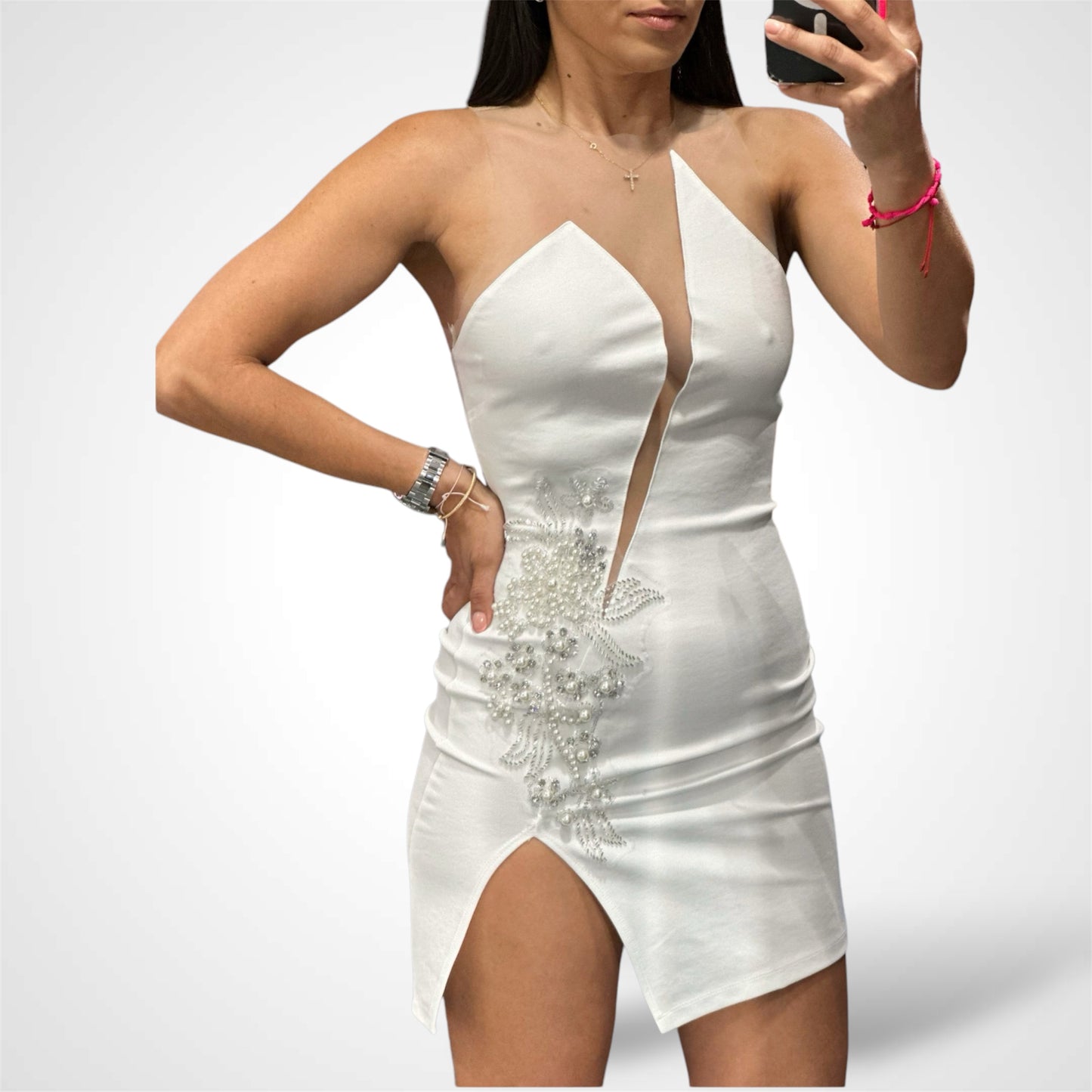 EMBELLISHED APPLIQUE BODYCON DRES