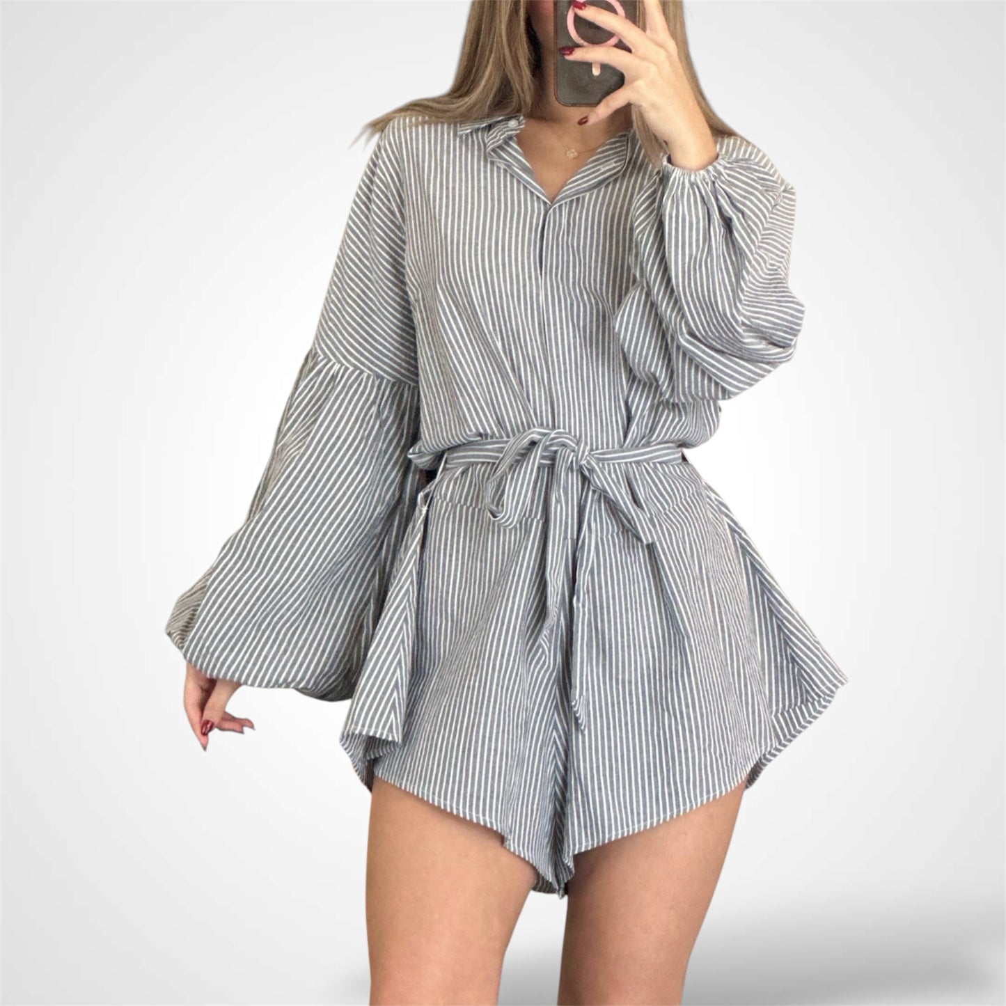 GREY LONG SLEEVE BUTTON UP SELF TIE STRIPES ROMPER