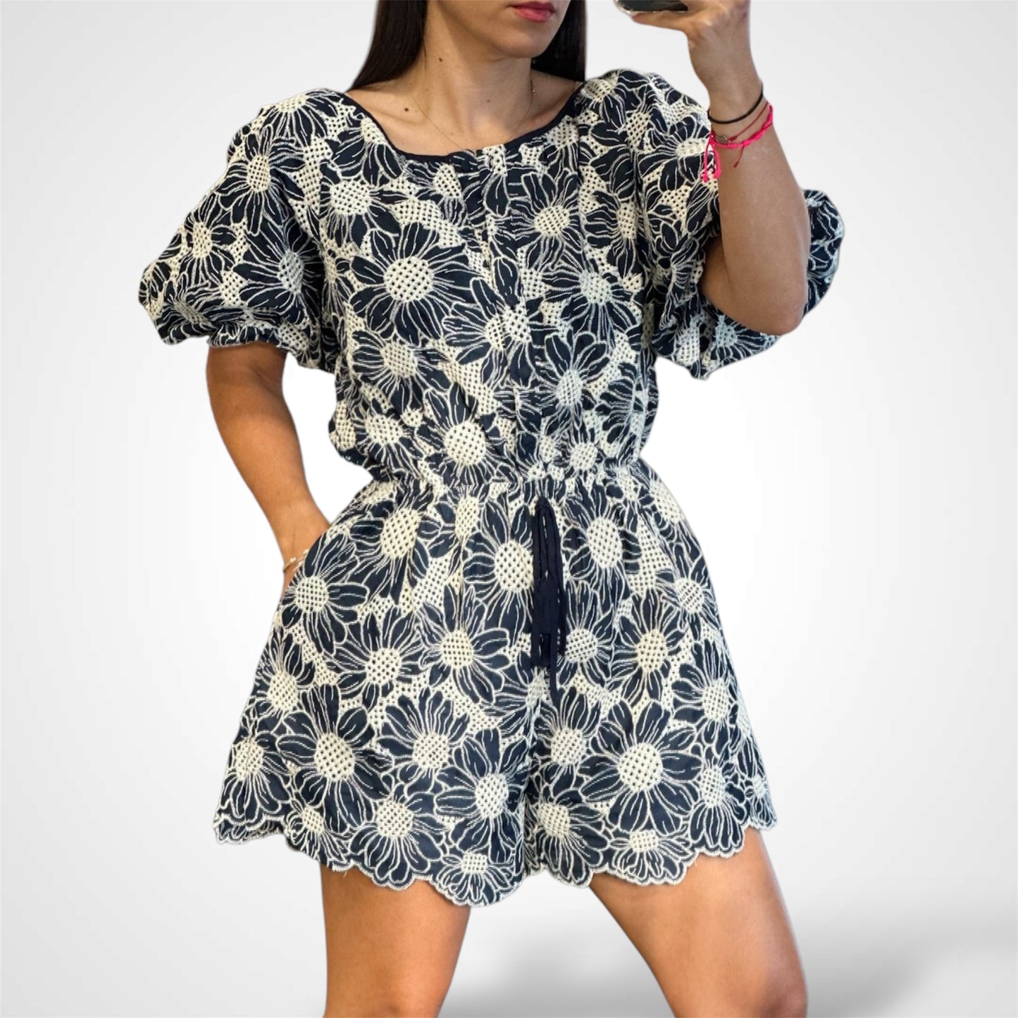 SJQ-NAVY EMBROIDERED PUFF SLEEVE ROMPER