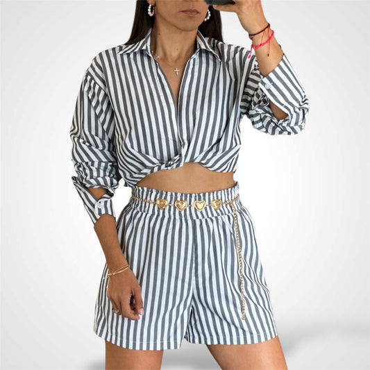 BLACK STRIPE SHORTS AND LONG SLEEVE SHIRT SET