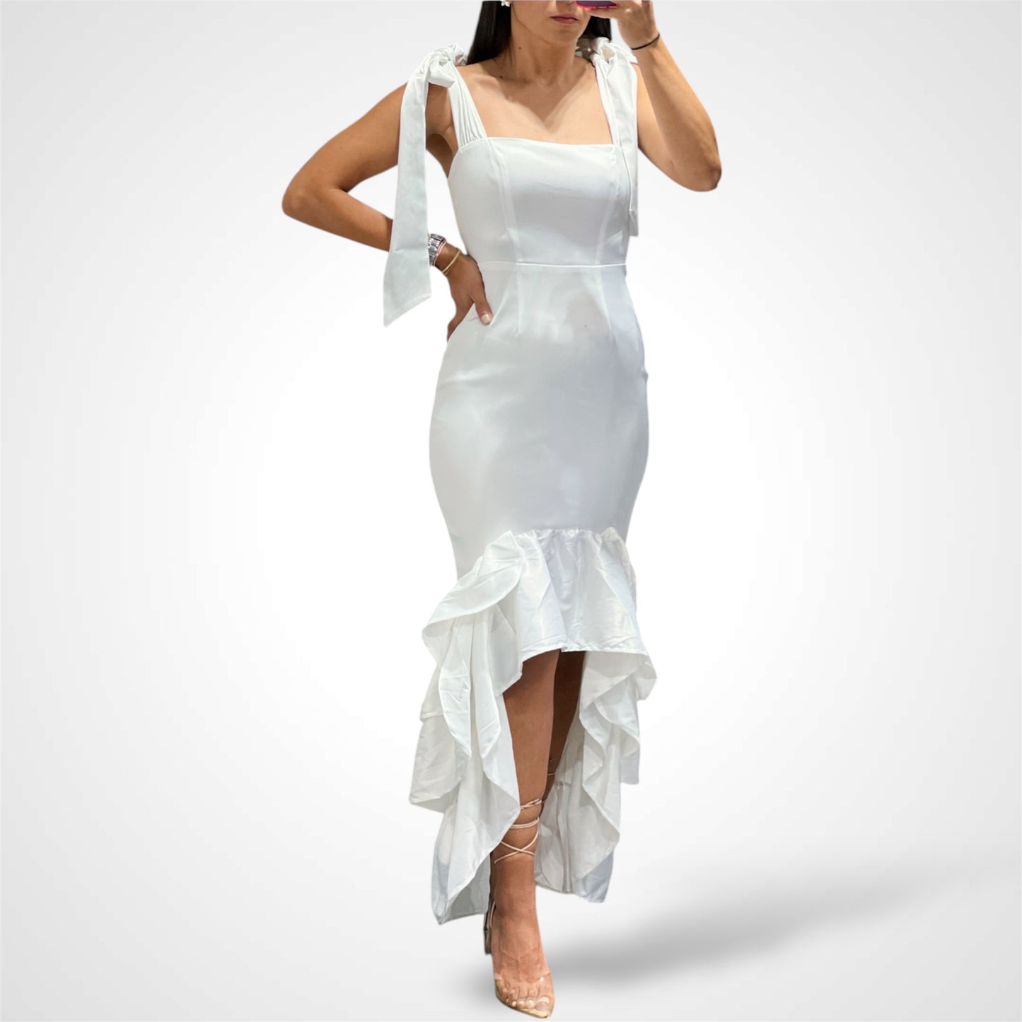 SATIN HIGH AND LOW RUFFLE HEM MAXI DRESS