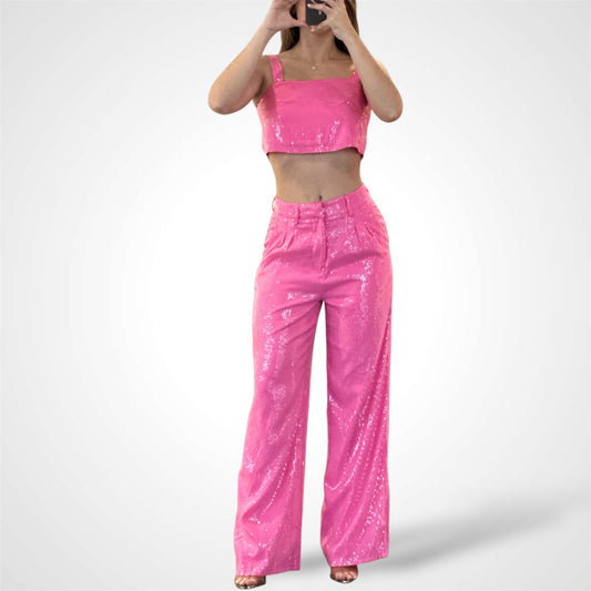 CROP TANK TOP WIDE LEG PANTS SEQUIN SET