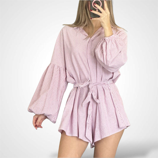 SJQ PINK LONG SLEEVE BUTTON UP SELF TIE STRIPES ROMPER