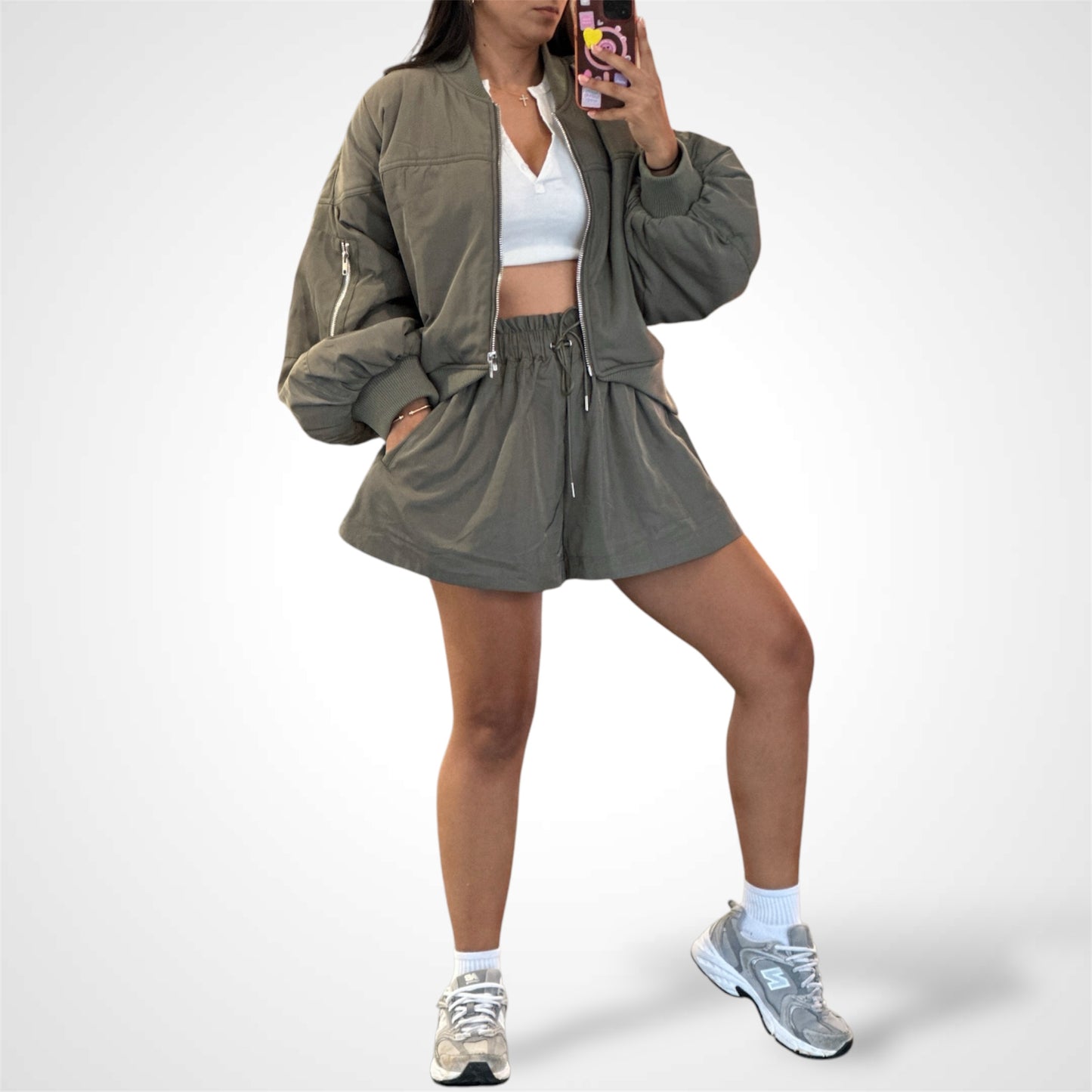 PUFF SLEEVE BOMBER JACKET AND SHORTS SET