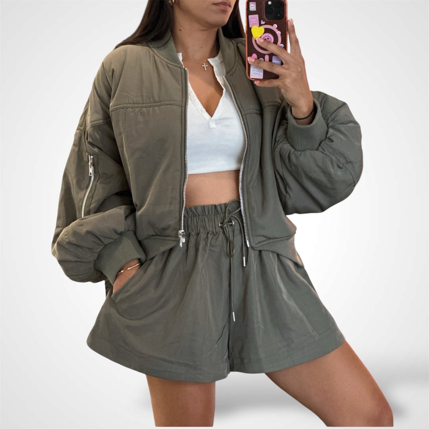 PUFF SLEEVE BOMBER JACKET AND SHORTS SET