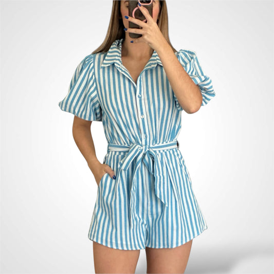 COLLARED STRIPED ROMPER WITH BUBBLE SLEEVES, BELT